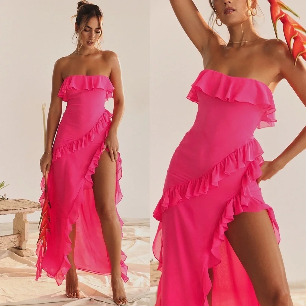 HOUSE OF CB‎ 'Sarina' Fuchsia Ruffle Maxi Dress NWOT size L